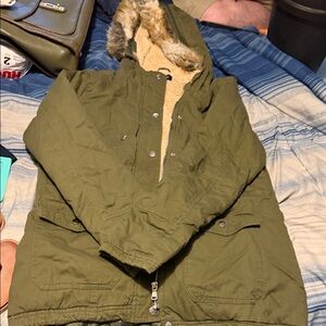 Olive Green Hooded Parka with Faux Fur Trim